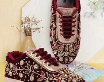 Embroidered Sneaker Shoes, Wedding Guest Wear, Indo Western look, Mix and Match, Dancing Shoes, Heeled Sneakers For Women, Desi Videsi Trend