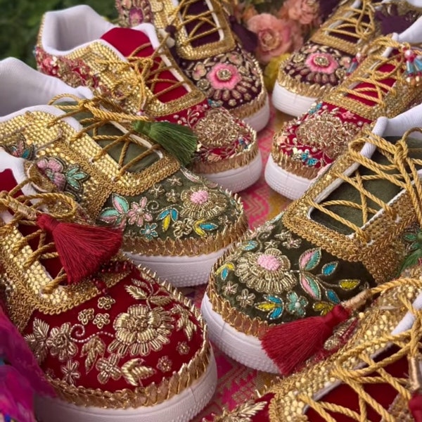 Indian Wedding BRIDAL SNEAKERS, Heavily Embroidered, PERSONALIZED Gift, Low Top Trainers, Lace Dance Shoes, Exclusive & Unique Gift For Her