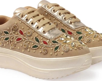 Embroidered Sneaker Shoes, Wedding Guest Wear, Indo Western look, Mix and Match, Dancing Shoes, Heeled Sneakers For Women, Desi Videsi Trend