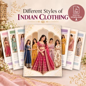 May include: A digital download guide titled Different Styles of Indian Clothing, featuring a central image of a person in a magenta embroidered lehenga surrounded by smaller images of various Indian outfits including sarees and salwar kameez.