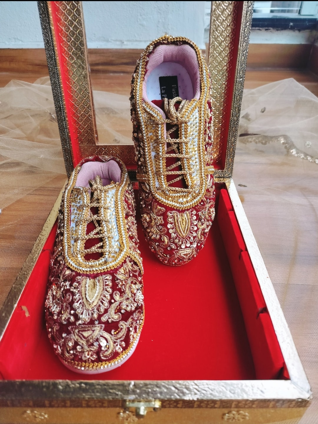Custom Red Velvet Bridal Sneakers: Embroidered Indian Wedding