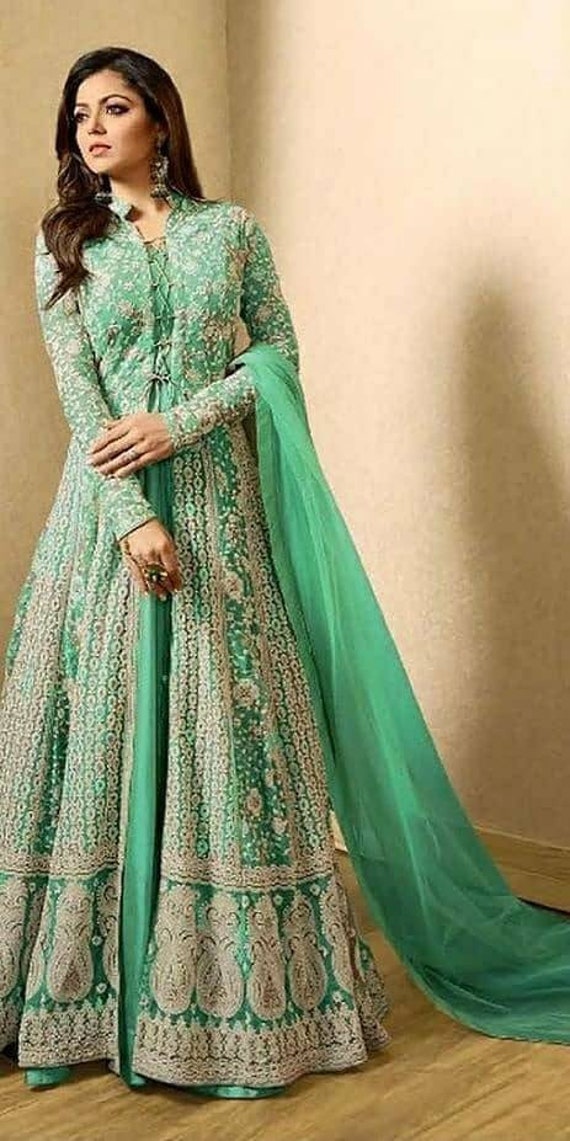 Buy Mint Green Net Embroidered N Sequins Umbrella Lehenga Wedding Wear  Online at Best Price