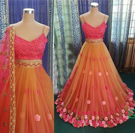 Indo Western Ethnic Wear Embroidered Pink and Orange Silk & Net Women  Lehenga Choli Fusion Wear Indian Croptop Skirt Gift for Her Maxi Skirt 