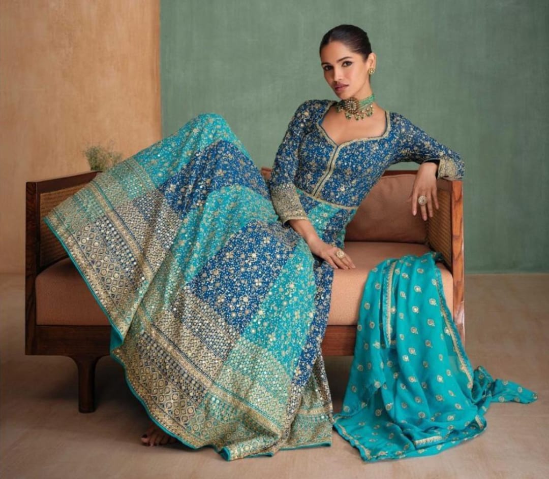 Teal Green Chinnon Silk Kaftan Style Anarkali Gown