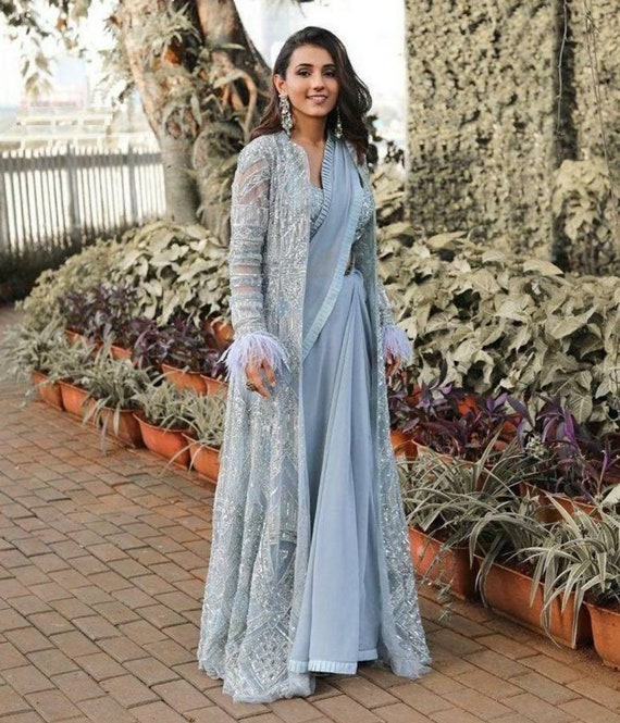 Designer Saree From India Indo Western Dress Overcoat Style - Etsy Designer Saree From India Indo Western Dress Overcoat Style - Etsy