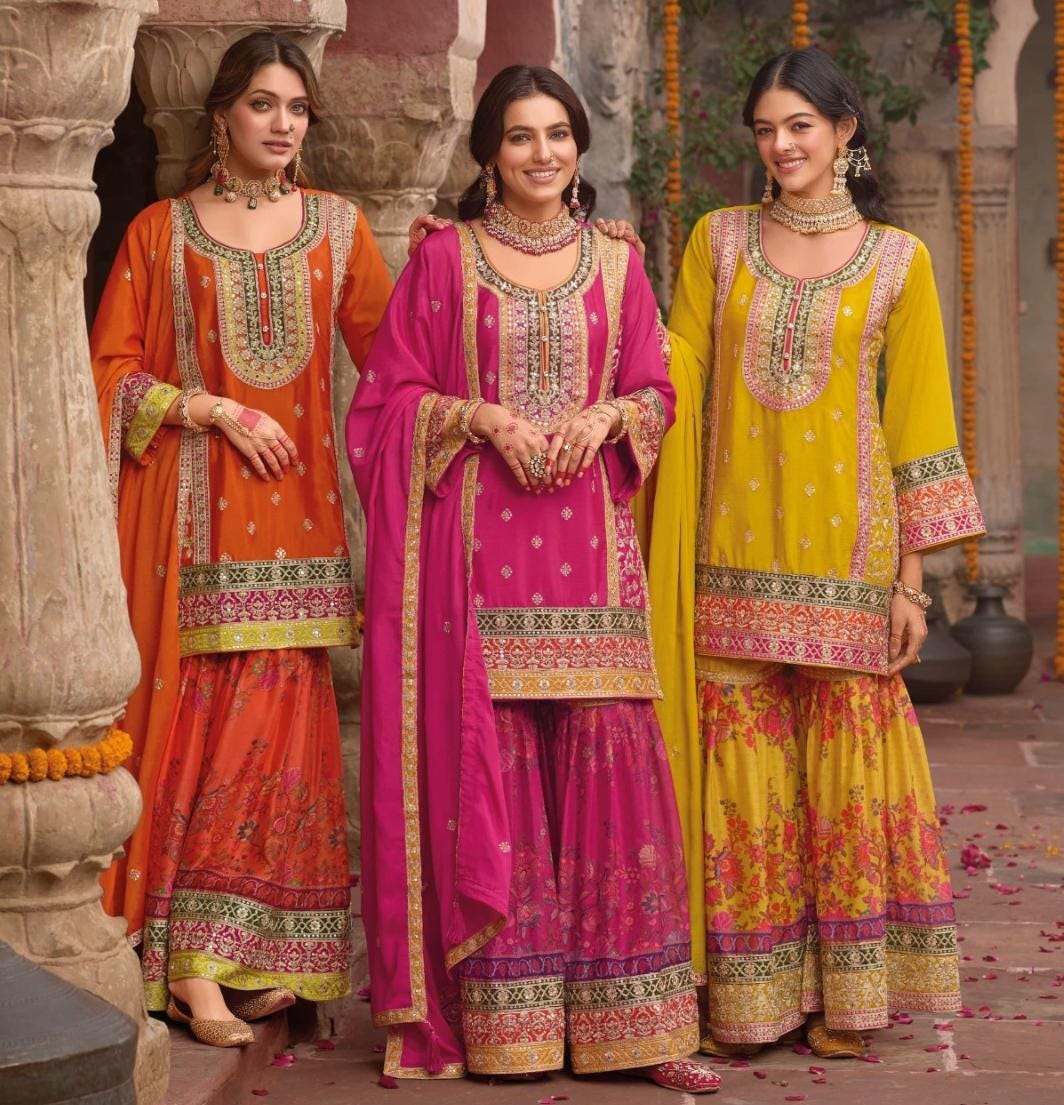 Sharara Suits, Readymade Sets, Pakistani Style, Indian Ethnic Wear, Bridal Collection, Wedding Guest Wear, Mehendi dresses, Haldi Outfits