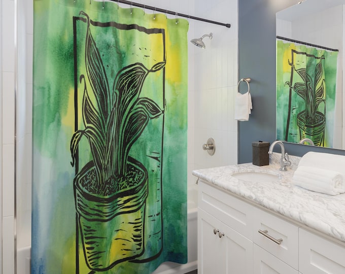 Snake Plant Shower Curtain | Yellow Green Blue Black | Block Print | Cactus Succulent Bathroom Decor