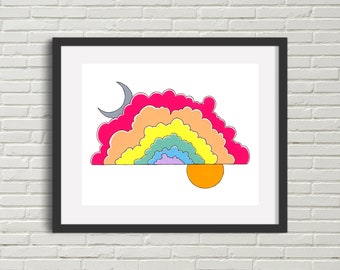 Arte murale arcobaleno / Stampa artistica di nuvole soffici arcobaleno / Arte murale / Stampa di sole e luna / Graziosa cameretta per bambini / Sala giochi / Decorazione per cameretta delle bambine