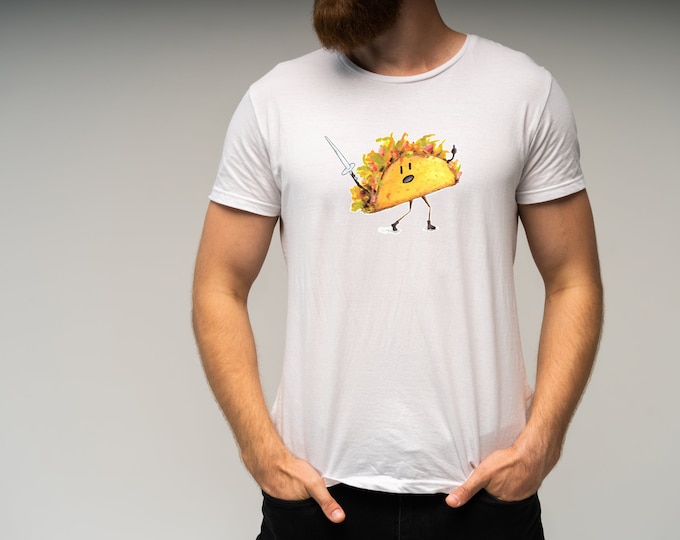 Funny Taco T-Shirt | Angry Taco with Sword Illustration, Foodie Tee