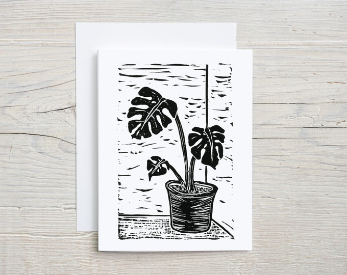 Monstera Plant Note Card | Blank Card | Plant Mom Plant Dad | Cute Stationary | Greeting Card For Plant Lover | Houseplant Block Print
