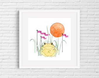 Puede incluir: Una pintura de acuarela de un sapo verde y amarillo sentado en un campo de hierba verde con banderas rosas y un sol naranja en el fondo.