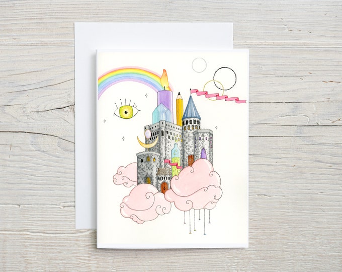 Memory Palace Note Card | Weird Greeting Card | Castle Painting | Fantasy and Surrealism | Rainbow Thank You Cards | Watercolor Note Cards