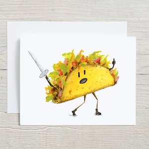 May include: A cartoon taco with a surprised expression, wearing a sword and a green, red, and yellow lettuce and tomato hat. The taco is standing on two legs and has black boots.