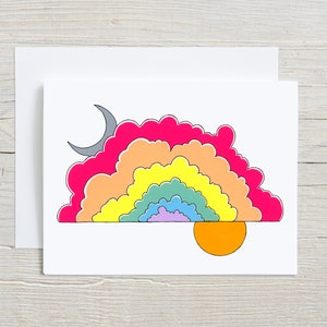 May include: A colorful rainbow cloud with a crescent moon and a sun. The cloud is made up of different shades of pink, orange, yellow, green, blue, and purple.