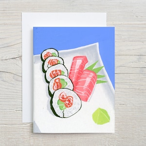 Cartão de nota de sushi | Arte de rolinho de sushi | Cartão em branco de comida fofa | Pintura de comida moderna | Tema de sushi fofo | Atum, salmão, wasabi, algas, arroz, abacate