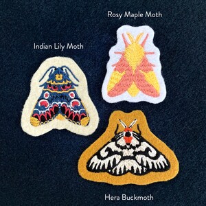 May include: Three embroidered moth patches on a dark blue fabric background. The patches are white with embroidered details in yellow, red, black, and blue. The patches are labeled "Rosy Maple Moth", "Indian Lily Moth", and "Hera Buckmoth".