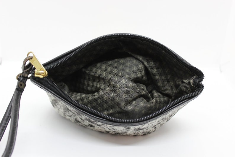 5 X 9 Genuine Black White Peppered Brazilian Cowhide Small Lined Wrist Purse Black and White Salt Pepper Cowhide and Leather Wristlet Bag