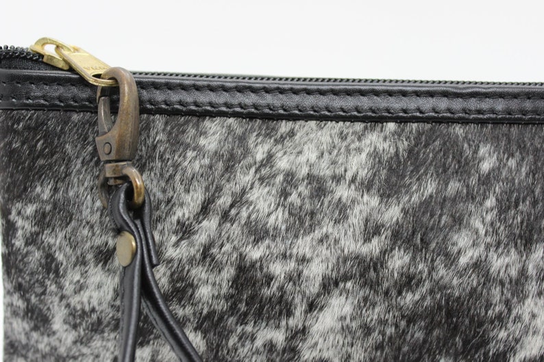 5 X 9 Genuine Black White Peppered Brazilian Cowhide Small Lined Wrist Purse Black and White Salt Pepper Cowhide and Leather Wristlet Bag
