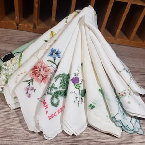 Collection of Green Embroidered Vintage Hankies Cutter Lot of 10