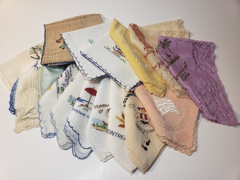 Collection of Souvenir Destination and Navy Vintage Hankies Cutter Lot of 16 NYC France Oregon Florida Quebec Greece Carlsbad Atlantic City