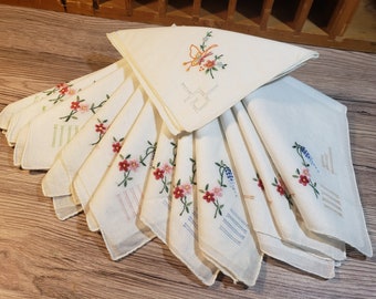 Collection of Matching Embroidered Floral Vintage Hankies Lot of 13