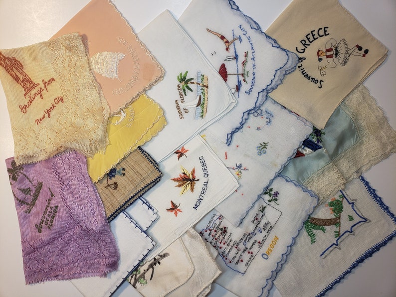 Collection of Souvenir Destination and Navy Vintage Hankies Cutter Lot of 16 NYC France Oregon Florida Quebec Greece Carlsbad Atlantic City