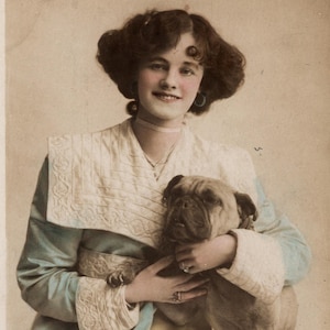 Edwardian Actress Photo &#39;Gertie Millar&#39; Actress & Dog, Bulldog, 1900&#39;s Dogs, Vintage Dog Postcard, Actress Postcard, Rppc
