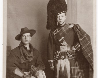 Original 1910's Photo 'Scotsman & Cavalry' Two Chaps in Uniform, Scottish Dress, Traditional Scotsman, Edinburgh Postcard, Rppc
