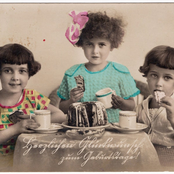 1920's Photo 'Tea Party' Children's Tea Party, Children, Hand Painted Photo, Cup of Tea, Teatime, Vintage Photo, Rppc