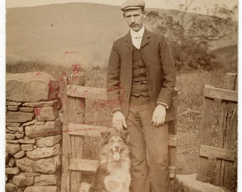 Edwardian Photo 'Gentleman with Dog' People & Pets, Dogs, Collie, Vintage Dog Photo, 1900's, Dog Postcard, Rppc