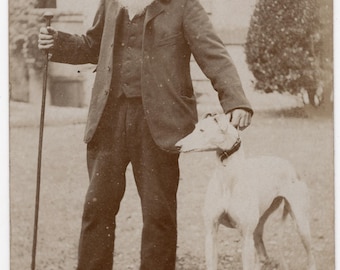 Antique Photo of Man & Greyhound, Prize Greyhound, Dog Postcard, Rppc