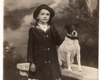 1910's Photo 'Best Friends' Girl & Dog, Jack Russell, Dogs, Vintage Dog Photo, Pet Portrait, Antique Photo, Dog Rppc,