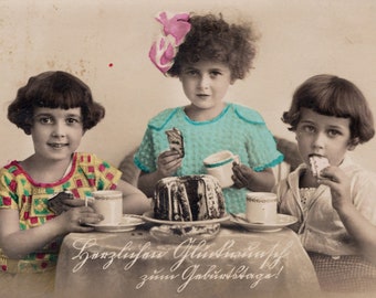 1920's Photo 'Tea Party' Children's Tea Party, Children, Hand Painted Photo, Cup of Tea, Teatime, Vintage Photo, Rppc