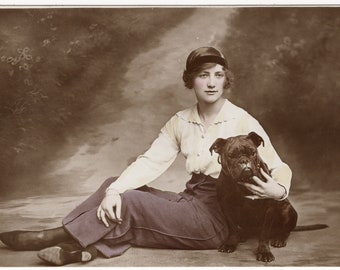 Original 1910's Photo 'Beauty And The Beast' Lady & Dog, Bulldog, Dogs, Vintage Dog Photo, Dog Postcard, Vintage, Rppc