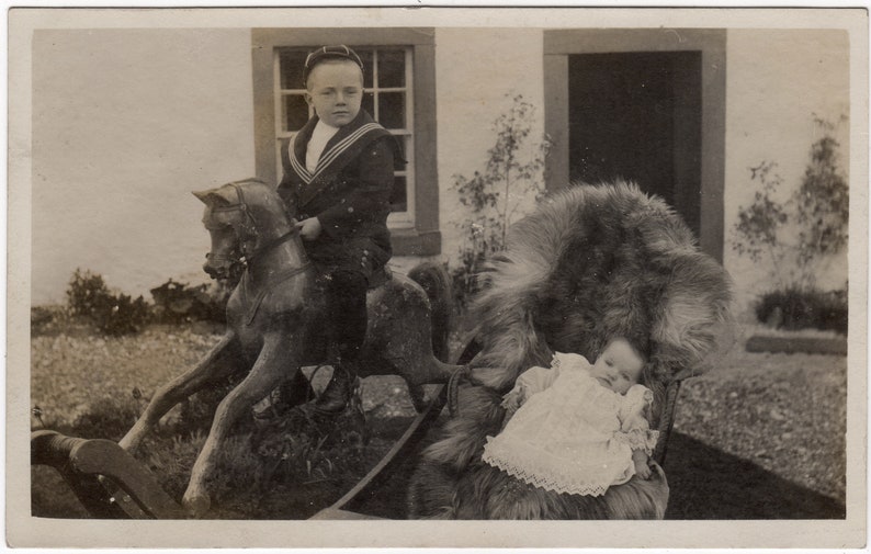 1910/'s rppc Vintage Photo /'Rocking Horse/' Fun Portrait of Boy on Rocking Horse with Baby