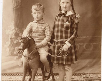1920's Toy Horse Photo 'Giddy Up' Children with Toy Horse, Pull Along Horse, Toys Postcard, Children, Vintage Toys, Rppc