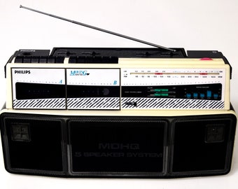 Vintage Philips Moving Sound D8304 Retro Radio cassette Recorder Boombox Zwart&Wit GhettoBlaster Als nieuw