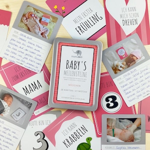 nunubri® Premium Meilensteinkarten (41 Motive) mit Fotofläche für Babyfotos Baby Meilenstein Karten für Mädchen in hochwertiger Geschenkbox