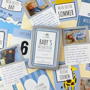nunubri® Premium Meilensteinkarten (41 Motive) mit Fotofläche für Babyfotos Baby Meilenstein Karten für neugeborene Jungen + hochwertige Box