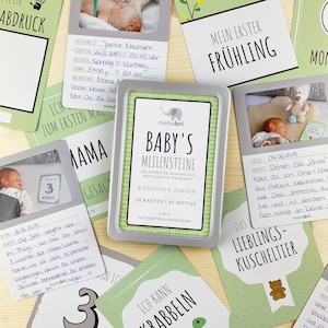 nunubri® Premium Meilensteinkarten (41 Motive) mit Fotofläche für Babyfotos Baby Meilenstein Karten für Mädchen und Jungen + hochwertige Box