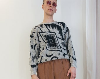 Vintage abstract grey black jumper / Geometric pattern grandpa sweater