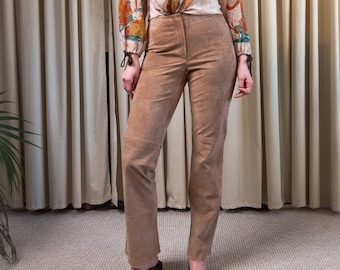 Suede light beige leather bootcut vintage trousers