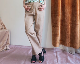 Vintage beige elastic straight trousers / Slim fit high waisted minimalistic cotton trousers