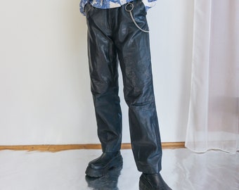 Vintage 90s black leather trousers / Straight cut button closure high waisted grunge rocker pants