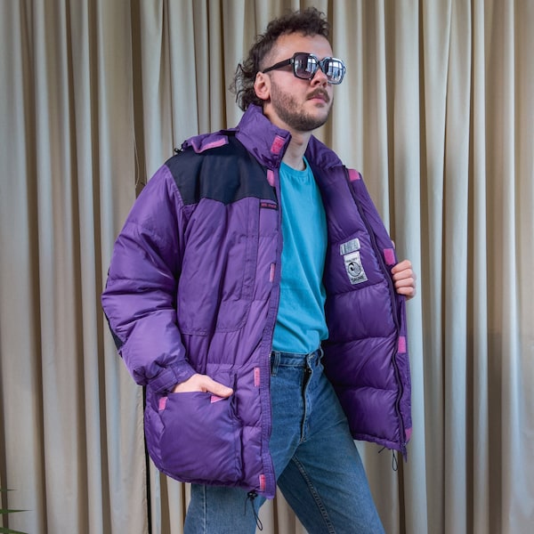 Vintage purple goose down 90s puff jacket / Zip up extra warm winter snow ski adventure and outdoor wear