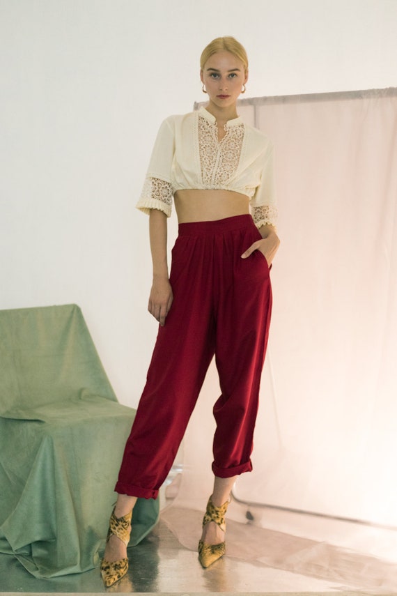 Vintage high waisted dark red rayon wide tapered t