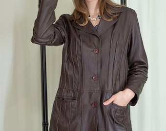 90s Vintage Brown Leather Midi Coat: Soft Button-Up Style