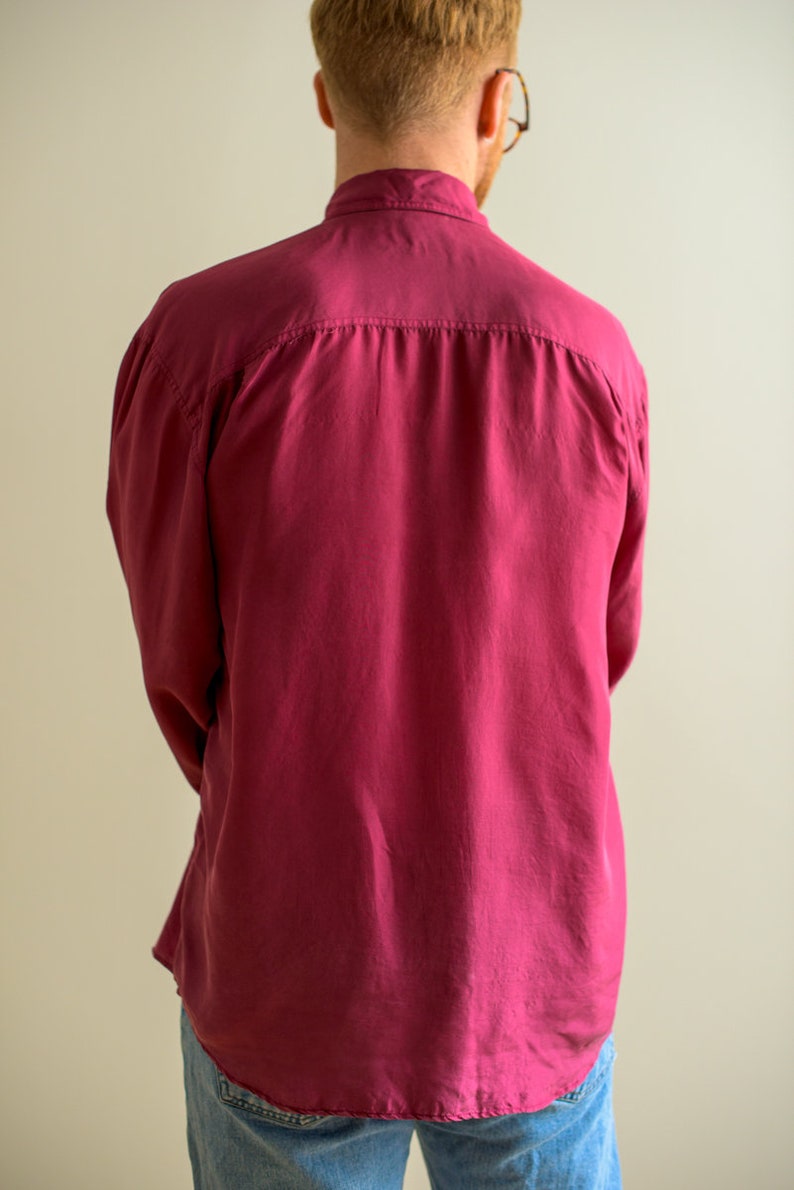Vintage silk long sleeved 90s button up collared purple magenta shirt size L .