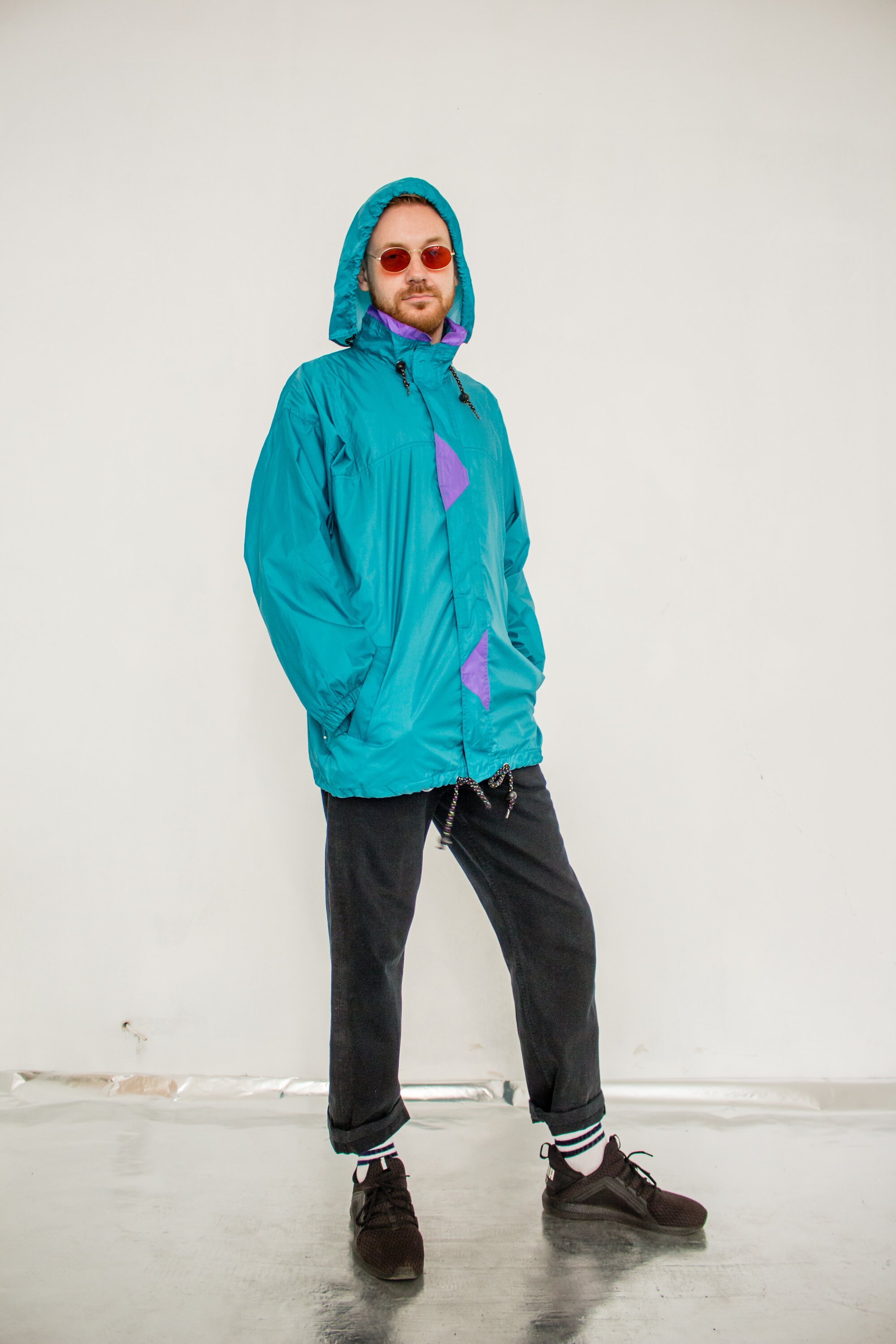 Vintage 80s Cyan Color Block Rain Coat / Hooded Unisex