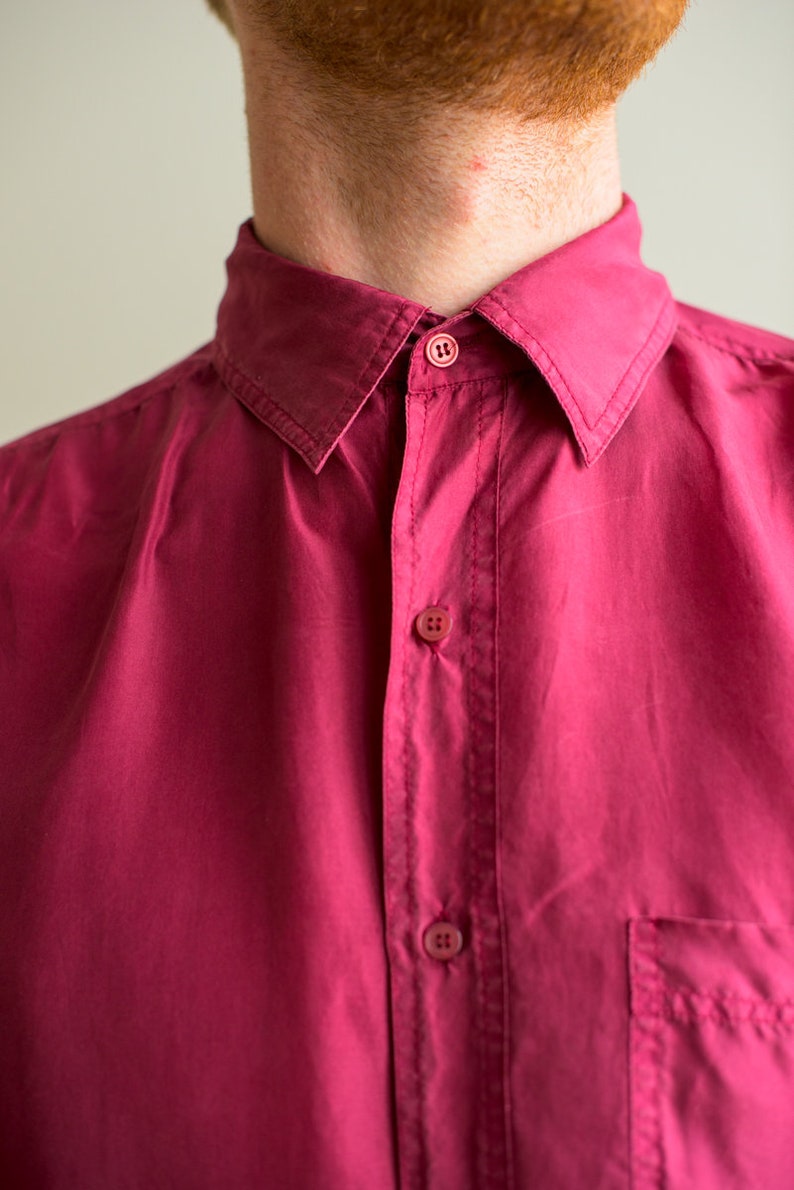 Vintage silk long sleeved 90s button up collared purple magenta shirt size L .